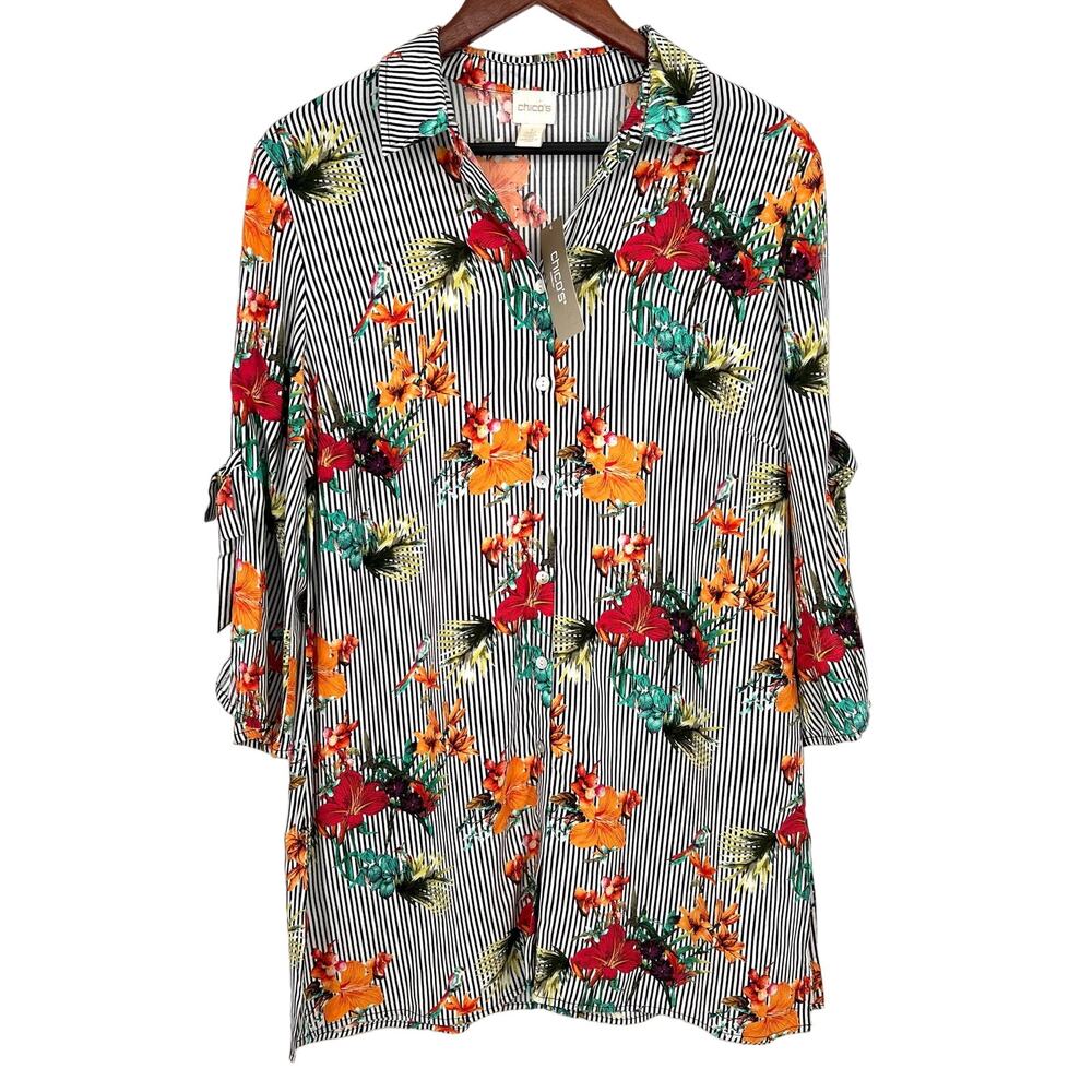 NEW MSRP $89 Chicos 1 Medium Tropical Tunic 3/4 Sleeve Blouse Shirt Top Beach